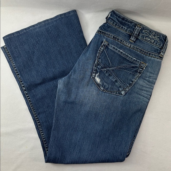 Silver Lola Distressed Flare Blue Jeans - Picture 1 of 8